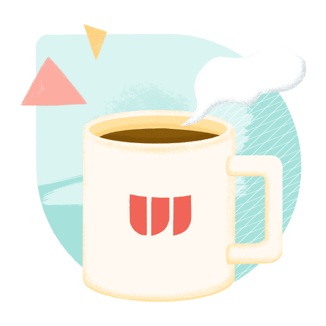 A steaming mug of coffee with the With logo on it.